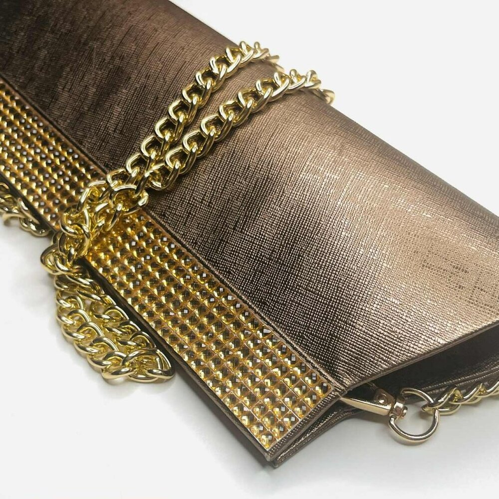 Vintage Bronze Gold Rhinestone Clutch w Chain Strap Evening Bag - Picture 5 of 8